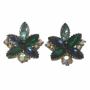 Vintage Clip Crystal Earrings Blue Green